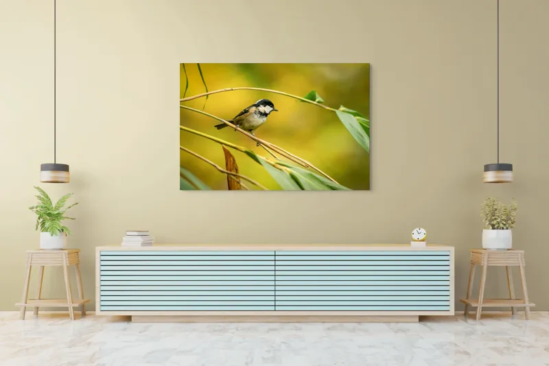 Tablou Canvas, "O lume văzută prin ochii păsării", Pitic, Frunziș, Ramură, Penaj, Verde, Natură, Echilibru, Mic, Grațios, Păsărelă, 150 x 100 cm – poza 6
