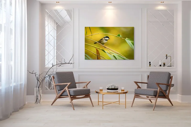 Tablou Canvas, "O lume văzută prin ochii păsării", Pitic, Frunziș, Ramură, Penaj, Verde, Natură, Echilibru, Mic, Grațios, Păsărelă, 150 x 100 cm – poza 7