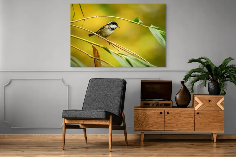 Tablou Canvas, "O lume văzută prin ochii păsării", Pitic, Frunziș, Ramură, Penaj, Verde, Natură, Echilibru, Mic, Grațios, Păsărelă, 150 x 100 cm – poza 8