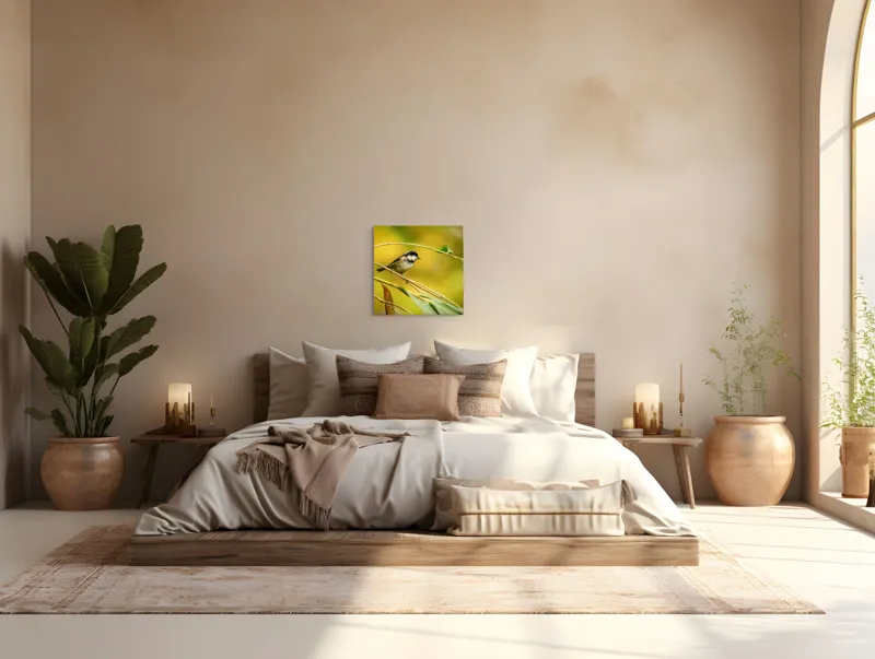 Tablou Canvas, "O lume văzută prin ochii păsării", Pitic, Frunziș, Ramură, Penaj, Verde, Natură, Echilibru, Mic, Grațios, Păsărelă, 50 x 50 cm – poza 5
