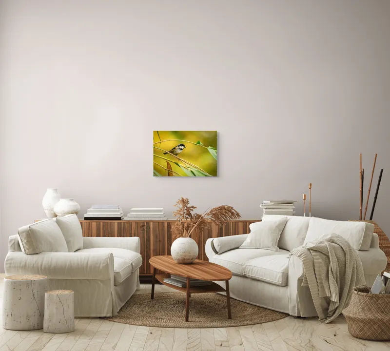 Tablou Canvas, "O lume văzută prin ochii păsării", Pitic, Frunziș, Ramură, Penaj, Verde, Natură, Echilibru, Mic, Grațios, Păsărelă, 54 x 39 cm – poza 5