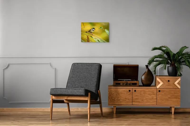Tablou Canvas, "O lume văzută prin ochii păsării", Pitic, Frunziș, Ramură, Penaj, Verde, Natură, Echilibru, Mic, Grațios, Păsărelă, 54 x 39 cm – poza 7