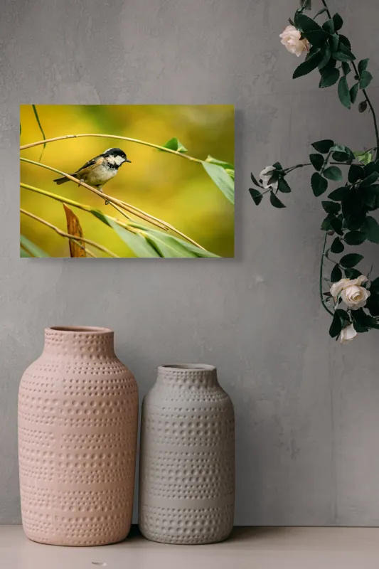Tablou Canvas, "O lume văzută prin ochii păsării", Pitic, Frunziș, Ramură, Penaj, Verde, Natură, Echilibru, Mic, Grațios, Păsărelă, 54 x 39 cm – poza 8