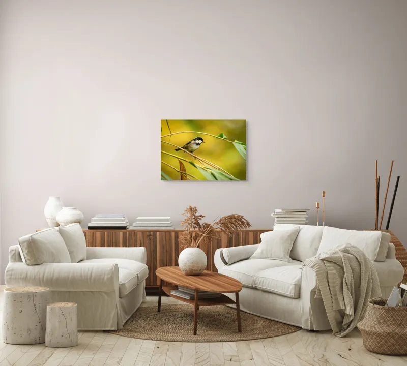 Tablou Canvas, "O lume văzută prin ochii păsării", Pitic, Frunziș, Ramură, Penaj, Verde, Natură, Echilibru, Mic, Grațios, Păsărelă, 70 x 50 cm – poza 6