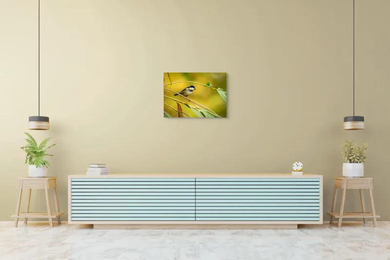 Tablou Canvas, "O lume văzută prin ochii păsării", Pitic, Frunziș, Ramură, Penaj, Verde, Natură, Echilibru, Mic, Grațios, Păsărelă, 70 x 50 cm – poza 7