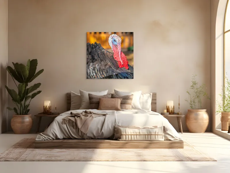Tablou Canvas, "Curcanul în splendoarea toamnei", Curcan, Penaj, Roșu, Textură, Zburlit, Natură, Contrast, Detaliu, Viu, Berbece., 100 x 100 cm – poza 4