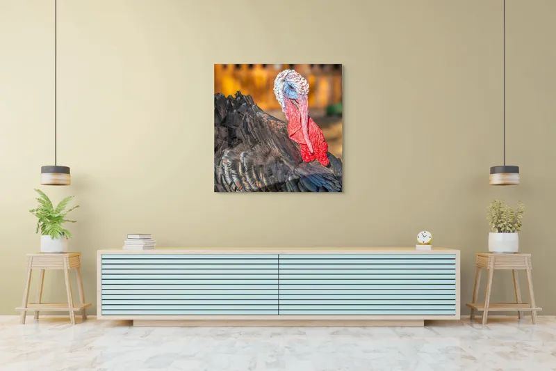 Tablou Canvas, "Curcanul în splendoarea toamnei", Curcan, Penaj, Roșu, Textură, Zburlit, Natură, Contrast, Detaliu, Viu, Berbece., 100 x 100 cm – poza 5