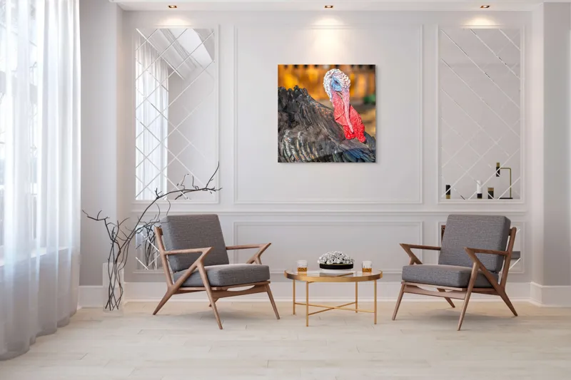 Tablou Canvas, "Curcanul în splendoarea toamnei", Curcan, Penaj, Roșu, Textură, Zburlit, Natură, Contrast, Detaliu, Viu, Berbece., 100 x 100 cm – poza 7