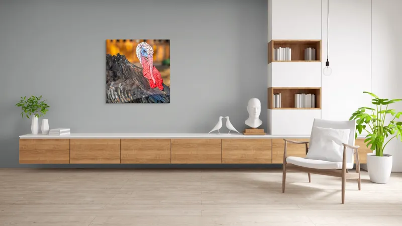 Tablou Canvas, "Curcanul în splendoarea toamnei", Curcan, Penaj, Roșu, Textură, Zburlit, Natură, Contrast, Detaliu, Viu, Berbece., 100 x 100 cm – poza 8