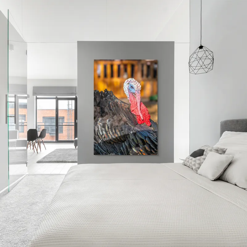 Tablou Canvas, "Curcanul în splendoarea toamnei", Curcan, Penaj, Roșu, Textură, Zburlit, Natură, Contrast, Detaliu, Viu, Berbece., 100 x 150 cm – poza 5