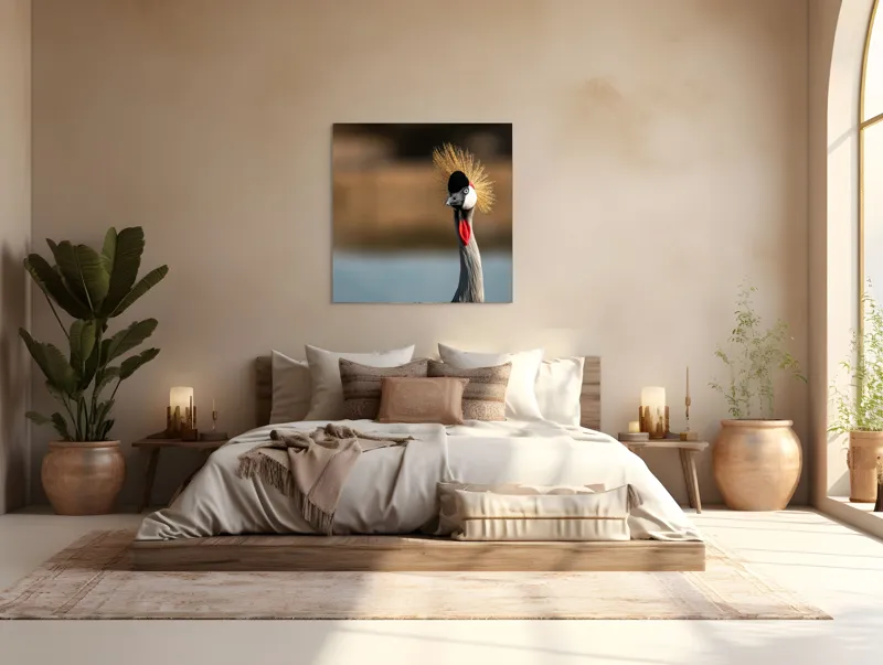 Tablou Canvas, "Elegantul dans al cocorului în soare", Nu pot spune cine este în imagine, dar pot descrie vizual: Pene, Creastă, Roșu, Negru, Pasăre, Elegant, Curios, Fundal Blur., 100 x 100 cm – poza 4