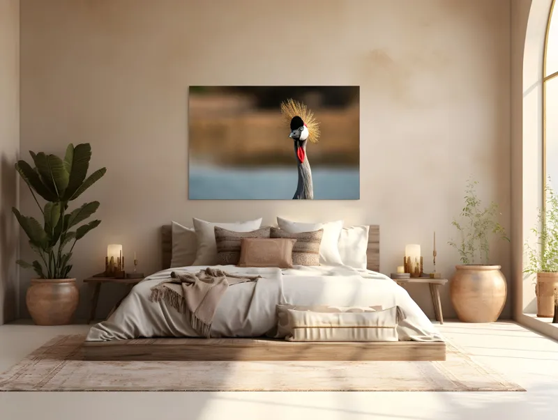 Tablou Canvas, "Elegantul dans al cocorului în soare", Nu pot spune cine este în imagine, dar pot descrie vizual: Pene, Creastă, Roșu, Negru, Pasăre, Elegant, Curios, Fundal Blur., 150 x 100 cm – poza 4