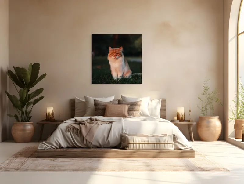 Tablou Canvas, "Pisica fermecată la apusul soarelui", Răsărit, Blană, Mister, Serenitate, Privire, Verdeață, Amurg, Majestuos, Tăcere, Curiozitate, 100 x 100 cm – poza 4