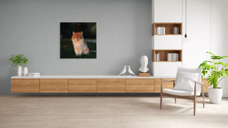 Tablou Canvas, "Pisica fermecată la apusul soarelui", Răsărit, Blană, Mister, Serenitate, Privire, Verdeață, Amurg, Majestuos, Tăcere, Curiozitate, 100 x 100 cm – poza 8