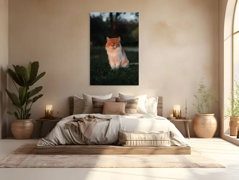 Tablou Canvas, "Pisica fermecată la apusul soarelui", Răsărit, Blană, Mister, Serenitate, Privire, Verdeață, Amurg, Majestuos, Tăcere, Curiozitate, 100 x 150 cm – poza 3