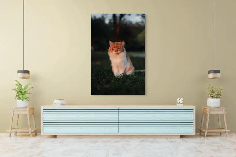 Tablou Canvas, "Pisica fermecată la apusul soarelui", Răsărit, Blană, Mister, Serenitate, Privire, Verdeață, Amurg, Majestuos, Tăcere, Curiozitate, 100 x 150 cm – poza 4