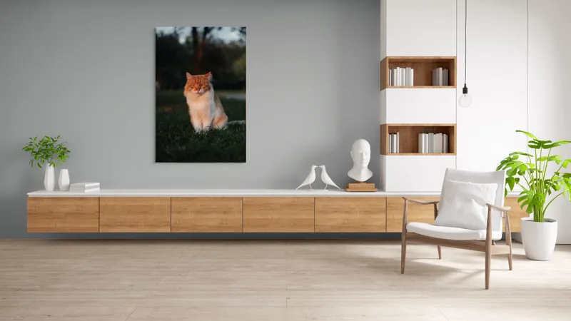 Tablou Canvas, "Pisica fermecată la apusul soarelui", Răsărit, Blană, Mister, Serenitate, Privire, Verdeață, Amurg, Majestuos, Tăcere, Curiozitate, 100 x 150 cm – poza 8