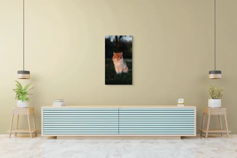 Tablou Canvas, "Pisica fermecată la apusul soarelui", Răsărit, Blană, Mister, Serenitate, Privire, Verdeață, Amurg, Majestuos, Tăcere, Curiozitate, 50 x 90 cm – poza 6