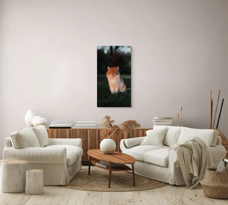 Tablou Canvas, "Pisica fermecată la apusul soarelui", Răsărit, Blană, Mister, Serenitate, Privire, Verdeață, Amurg, Majestuos, Tăcere, Curiozitate, 50 x 90 cm – poza 7