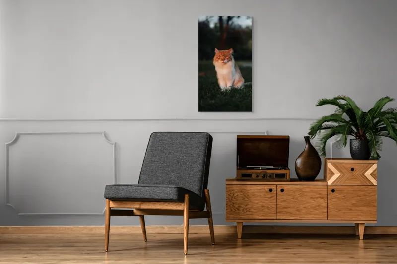Tablou Canvas, "Pisica fermecată la apusul soarelui", Răsărit, Blană, Mister, Serenitate, Privire, Verdeață, Amurg, Majestuos, Tăcere, Curiozitate, 50 x 90 cm – poza 8