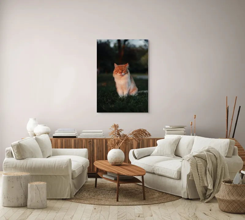 Tablou Canvas, "Pisica fermecată la apusul soarelui", Răsărit, Blană, Mister, Serenitate, Privire, Verdeață, Amurg, Majestuos, Tăcere, Curiozitate, 70 x 100 cm – poza 4