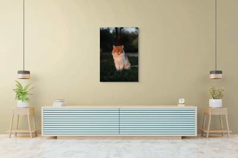 Tablou Canvas, "Pisica fermecată la apusul soarelui", Răsărit, Blană, Mister, Serenitate, Privire, Verdeață, Amurg, Majestuos, Tăcere, Curiozitate, 70 x 100 cm – poza 5