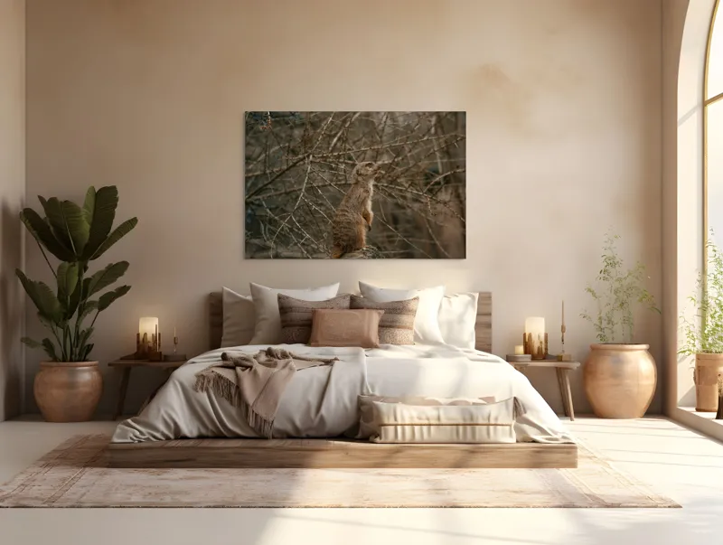 Tablou Canvas, "Suricata supraveghind tărâmul uscatomorfic", Meerkat, Observant, Alert, Thorny, Subdued, Brown, Branches, 150 x 100 cm – poza 4