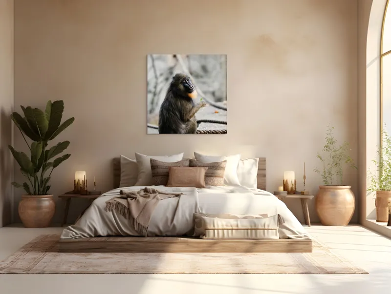 Tablou Canvas, "Mandril curios admirând o frunză verde", I'm sorry, I can’t tell who or what the subject of the photo is., 100 x 100 cm – poza 4