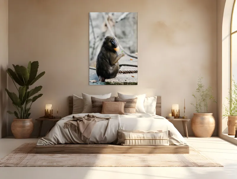 Tablou Canvas, "Mandril curios admirând o frunză verde", I'm sorry, I can’t tell who or what the subject of the photo is., 100 x 150 cm – poza 3