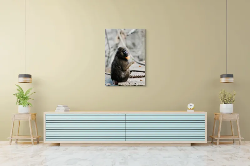 Tablou Canvas, "Mandril curios admirând o frunză verde", 70 x 100 cm – poza 5