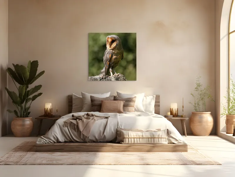 Tablou Canvas, "Bufniță pe trunchi de copac uscat", Bufniță, Trunchi, Pene, Noapte, Natură, Ochi, Urechiușe, Silueta, Observare, Calmă, 100 x 100 cm – poza 4