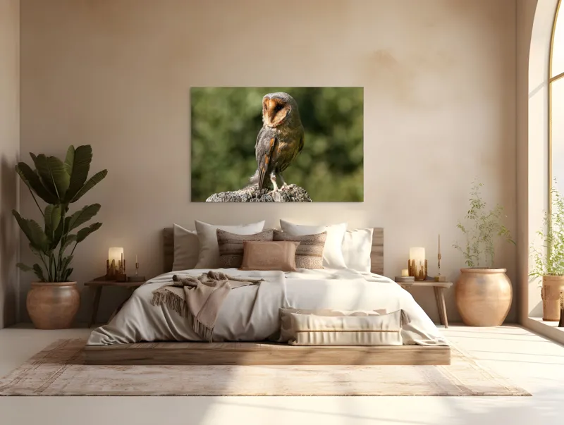 Tablou Canvas, "Bufniță pe trunchi de copac uscat", Bufniță, Trunchi, Pene, Noapte, Natură, Ochi, Urechiușe, Silueta, Observare, Calmă, 150 x 100 cm – poza 4