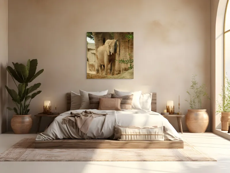 Tablou Canvas, "Elefantul în habitatul său natural", Elefant, Colți, Trompă, Trunchi, Copac, Stâncă, Vegetație, Natură, Animal, Africa, 100 x 100 cm – poza 4