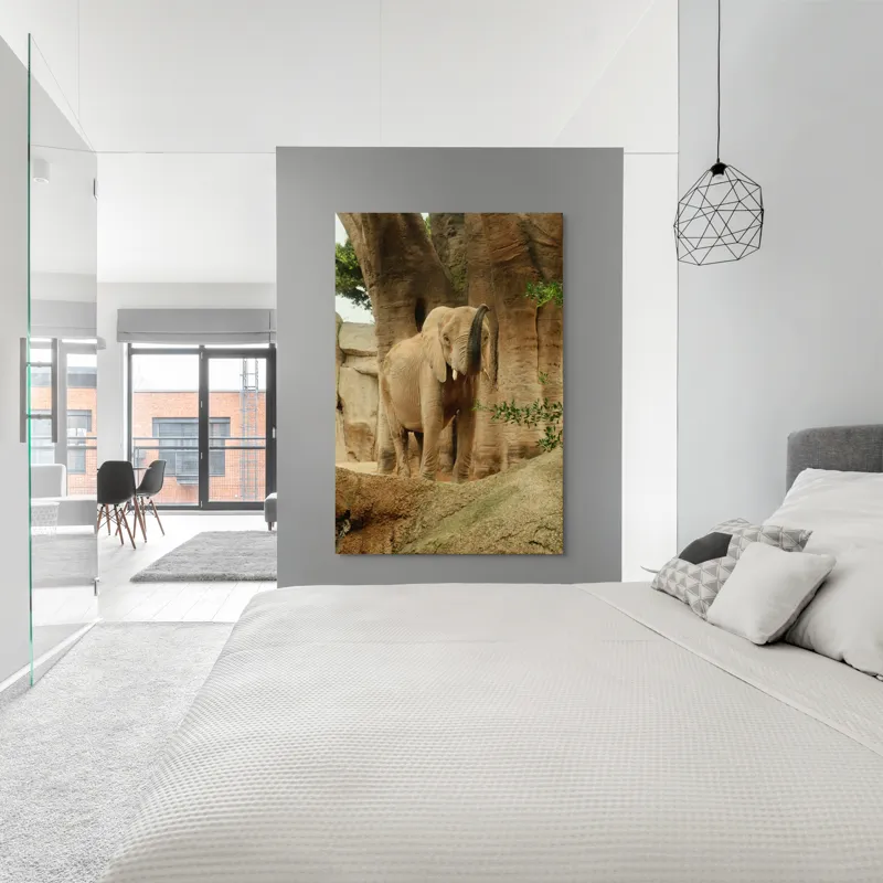 Tablou Canvas, "Elefantul în habitatul său natural", Elefant, Colți, Trompă, Trunchi, Copac, Stâncă, Vegetație, Natură, Animal, Africa, 100 x 150 cm – poza 5