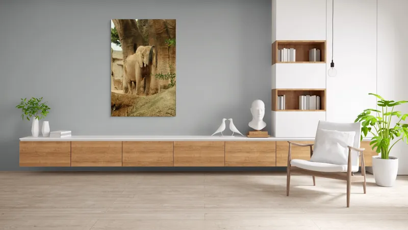 Tablou Canvas, "Elefantul în habitatul său natural", Elefant, Colți, Trompă, Trunchi, Copac, Stâncă, Vegetație, Natură, Animal, Africa, 100 x 150 cm – poza 8