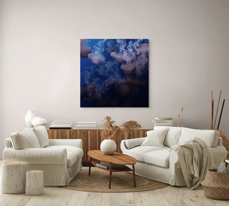 Tablou Canvas, "Dansul grațios al meduzelor colorate", Eteric, Grațios, Albastru, Misterios, Acvatic, Delicat, Fluid, Lumină, Vibrant, Calm, 100 x 100 cm – poza 3