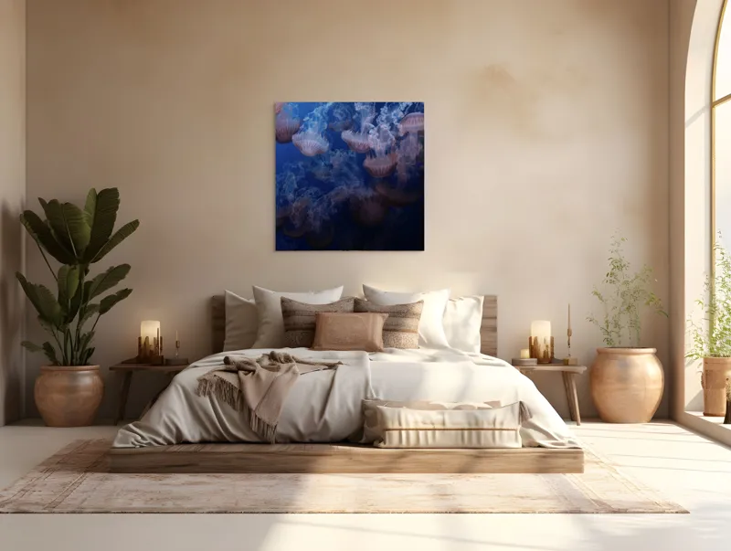 Tablou Canvas, "Dansul grațios al meduzelor colorate", Eteric, Grațios, Albastru, Misterios, Acvatic, Delicat, Fluid, Lumină, Vibrant, Calm, 100 x 100 cm – poza 4