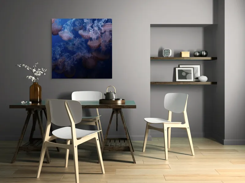 Tablou Canvas, "Dansul grațios al meduzelor colorate", Eteric, Grațios, Albastru, Misterios, Acvatic, Delicat, Fluid, Lumină, Vibrant, Calm, 100 x 100 cm – poza 6
