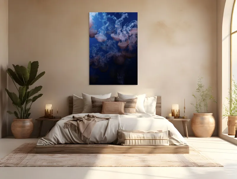 Tablou Canvas, "Dansul grațios al meduzelor colorate", Eteric, Grațios, Albastru, Misterios, Acvatic, Delicat, Fluid, Lumină, Vibrant, Calm, 100 x 150 cm – poza 3