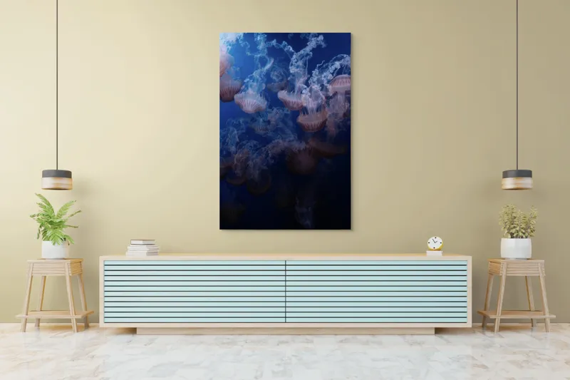Tablou Canvas, "Dansul grațios al meduzelor colorate", Eteric, Grațios, Albastru, Misterios, Acvatic, Delicat, Fluid, Lumină, Vibrant, Calm, 100 x 150 cm – poza 4