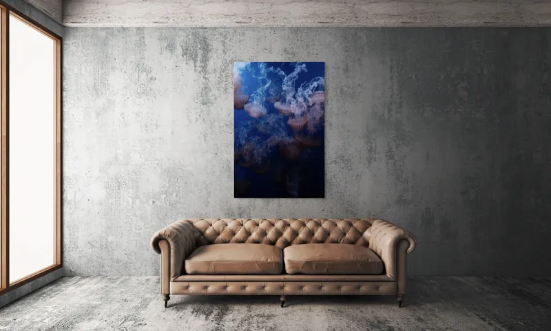 Tablou Canvas, "Dansul grațios al meduzelor colorate", Eteric, Grațios, Albastru, Misterios, Acvatic, Delicat, Fluid, Lumină, Vibrant, Calm, 100 x 150 cm – poza 6