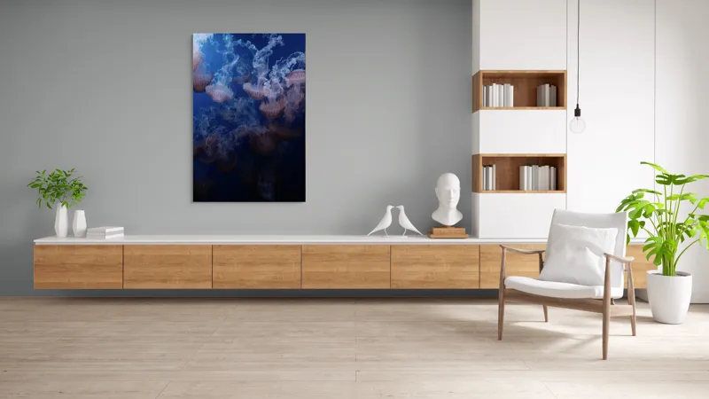 Tablou Canvas, "Dansul grațios al meduzelor colorate", Eteric, Grațios, Albastru, Misterios, Acvatic, Delicat, Fluid, Lumină, Vibrant, Calm, 100 x 150 cm – poza 8