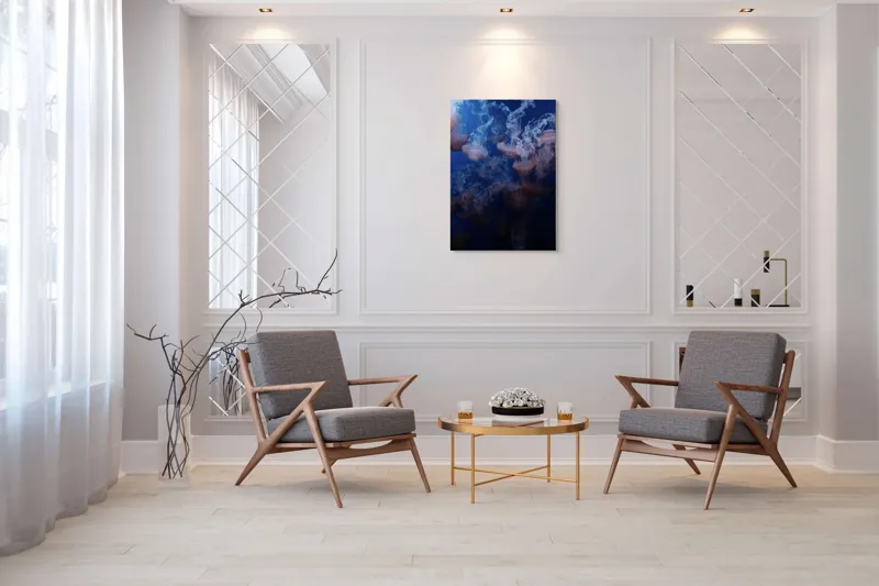 Tablou Canvas, "Dansul grațios al meduzelor colorate", Eteric, Grațios, Albastru, Misterios, Acvatic, Delicat, Fluid, Lumină, Vibrant, Calm, 70 x 100 cm – poza 8