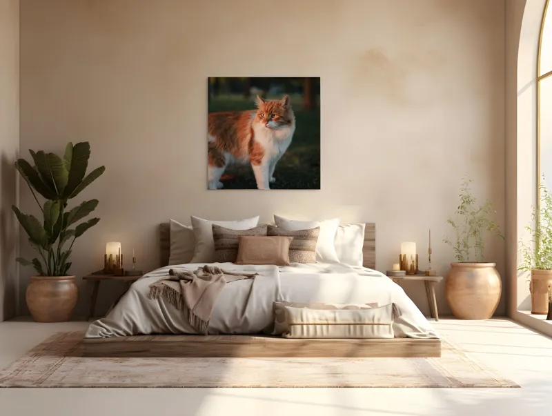 Tablou Canvas, "Pisica la apus în grădină", Pisică, Blană, Portocaliu, Alb, Iarbă, Seară, Privire, Natură, Mustăți, 100 x 100 cm – poza 4