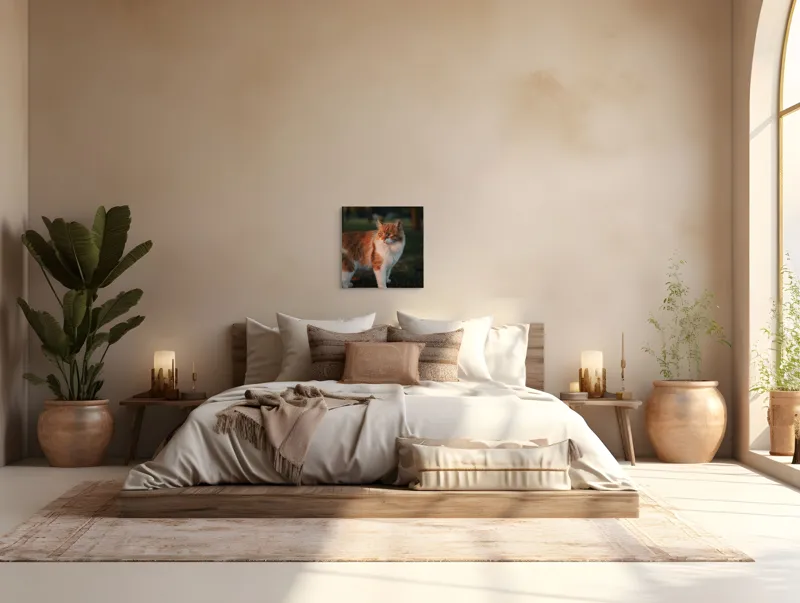 Tablou Canvas, "Pisica la apus în grădină", Pisică, Blană, Portocaliu, Alb, Iarbă, Seară, Privire, Natură, Mustăți, 50 x 50 cm – poza 5