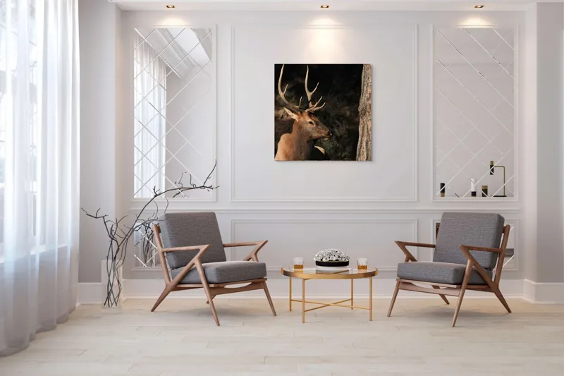 Tablou Canvas, "Cerbul odihnindu-se în lumina serii", Cerb, Coarne, Odihnă, Pădure, Natură, Sălbăticie, Solitudine, Eleganță, Lumină, Umbre, 100 x 100 cm – poza 7