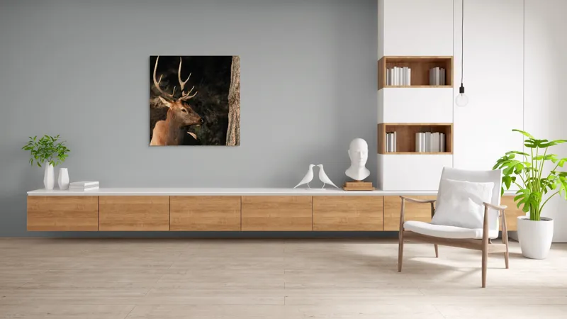 Tablou Canvas, "Cerbul odihnindu-se în lumina serii", Cerb, Coarne, Odihnă, Pădure, Natură, Sălbăticie, Solitudine, Eleganță, Lumină, Umbre, 100 x 100 cm – poza 8