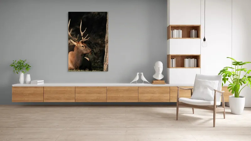 Tablou Canvas, "Cerbul odihnindu-se în lumina serii", Cerb, Coarne, Odihnă, Pădure, Natură, Sălbăticie, Solitudine, Eleganță, Lumină, Umbre, 100 x 150 cm – poza 8