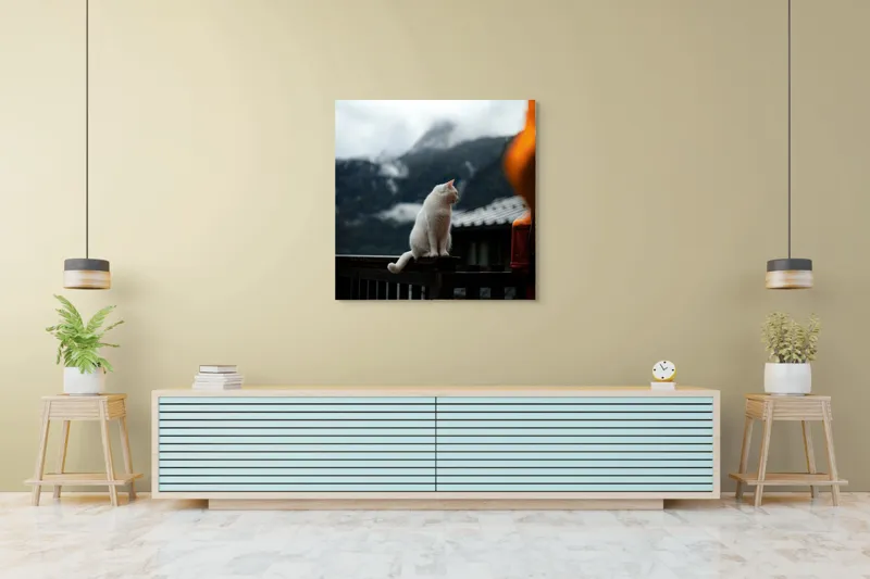 Tablou Canvas, "Pisica albă în munți înzăpeziți", Pisică, Albă, Balustradă, Munți, Nori, Peisaj, Calm, Rece, Frumusețe, Natural., 100 x 100 cm – poza 5