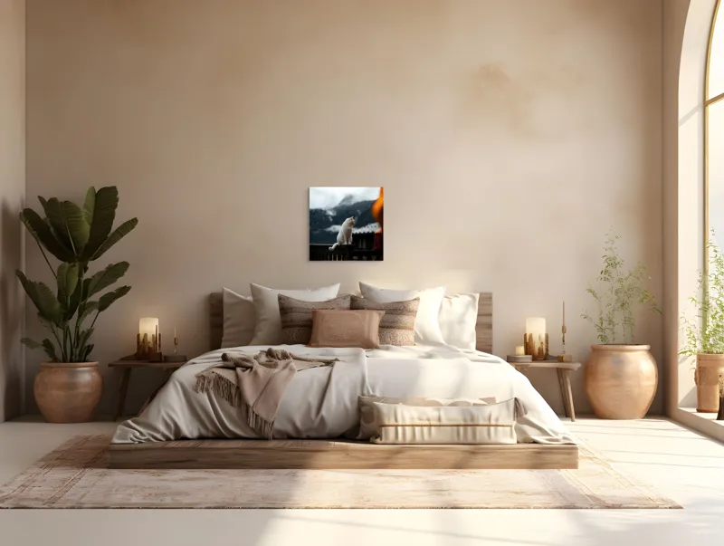 Tablou Canvas, "Pisica albă în munți înzăpeziți", Pisică, Albă, Balustradă, Munți, Nori, Peisaj, Calm, Rece, Frumusețe, Natural., 50 x 50 cm – poza 5